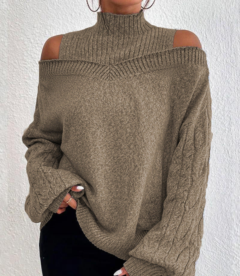 Damen nan schulterfreier Strickpullover mit Stehkragen und Zopfmusterärmeln Echo Archiv