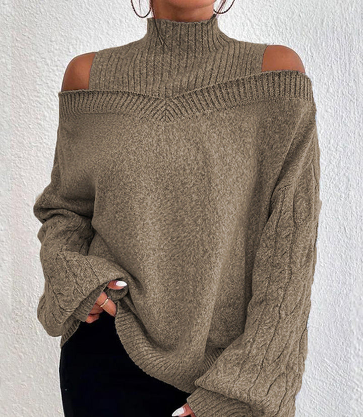 Damen nan schulterfreier Strickpullover mit Stehkragen und Zopfmusterärmeln Echo Archiv