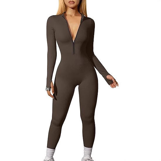 Damen nan figurbetonter Ripp-Jumpsuit mit hohem Halsausschnitt, langem Arm und sculptender Nahtführung Echo Archiv