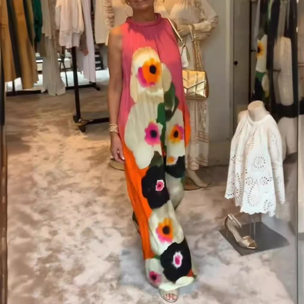 Damen nan ärmelloses Maxikleid mit gerafftem Stehkragen, weitem Palazzoschnitt und großfloralem Druck Echo Archiv