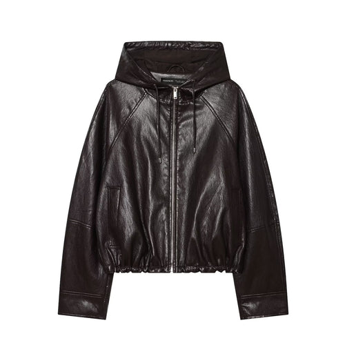 Damen Kapuzen-Leder-Bomberjacke mit Reißverschluss, Kordelzug und elastischem Saum Echo Archiv