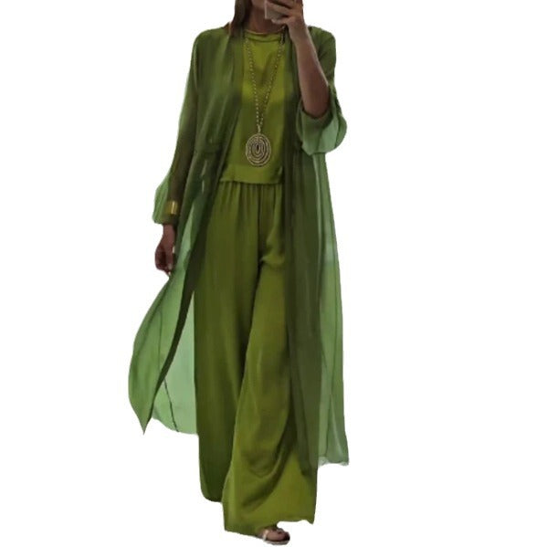 Damen nan eleganter Chiffon-Zweiteiler mit weiter geschnittener Palazzohose und langem Kimono-Überwurf Echo Archiv