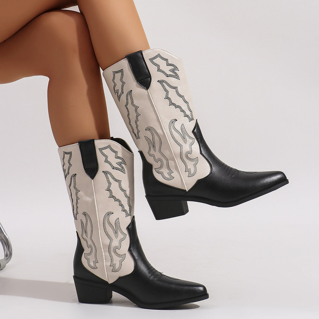 Damen nan Cowboystiefel im Westernstil mit mittelhohem Blockabsatz spitzer Zehenkappe und dekorativer Stickerei Echo Archiv