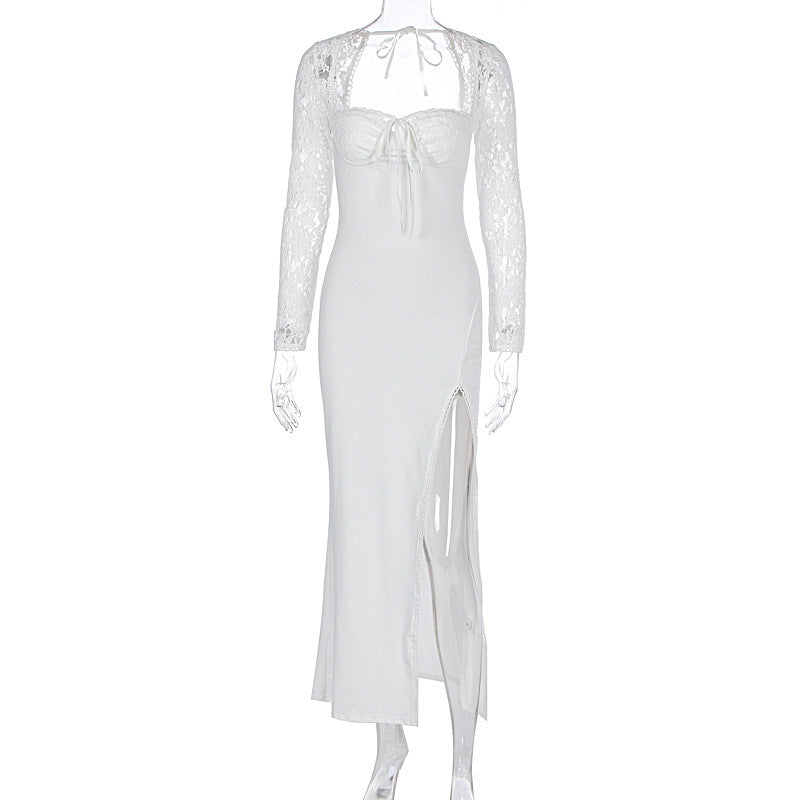 Damen Elegante Maxikleid mit transparenter Spitzenoberfläche und seitlichem Schlitz Echo Archiv