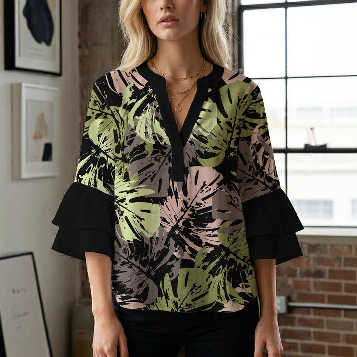 Damen Blusenshirt mit voluminösen Ärmeln und kreativem Druckdesign Echo Archiv
