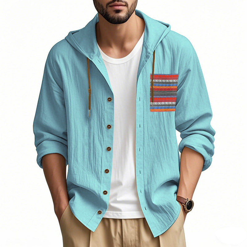 Herren nan leichte Kapuzenhemdjacke aus strukturierter Baumwollmischung mit Ethno‑Brusttasche und Knopfleiste Echo Archiv