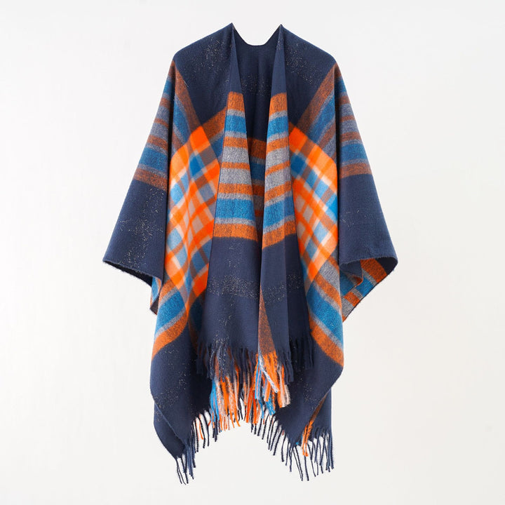 Damen Oversize karierter Wollponcho mit Fransen – Avérine