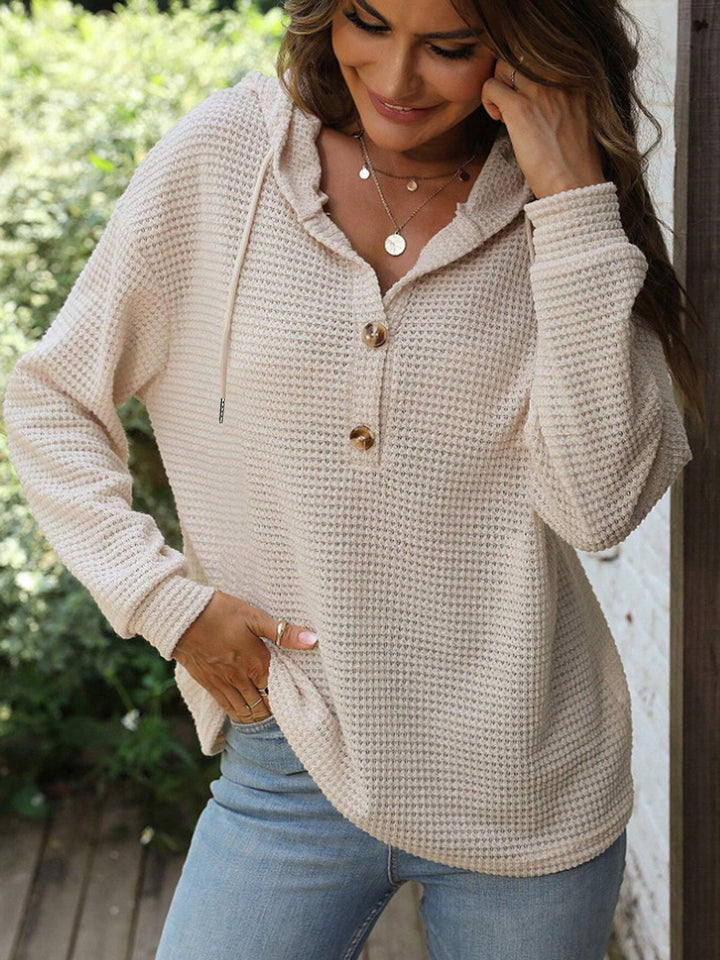 Damen Waffelstrick Kapuzenpullover mit Knopfleiste und Rüschenkragen Echoarchiv