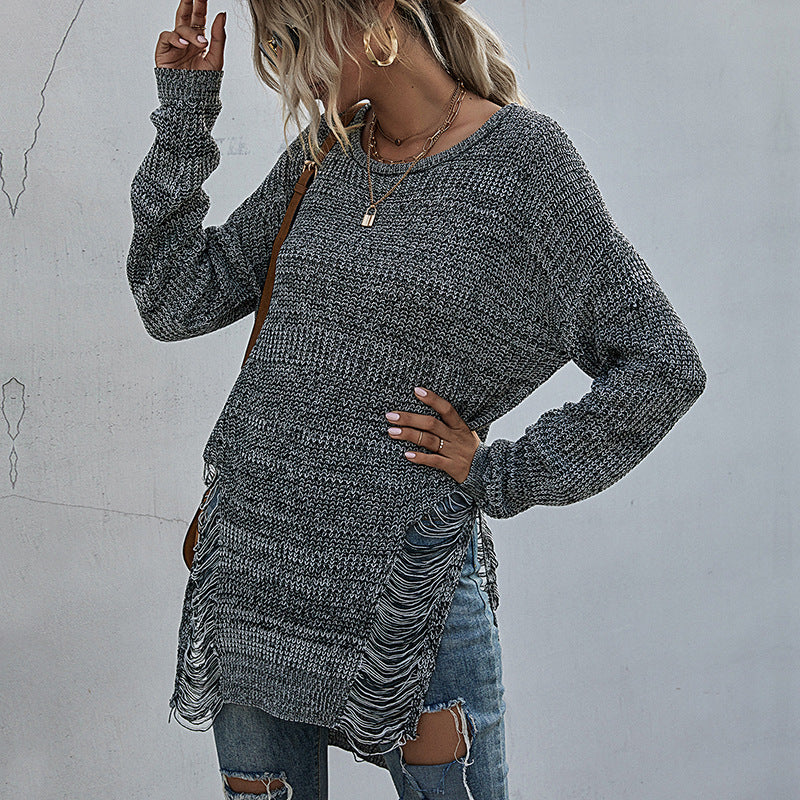 Damen Lässiger Strickpullover mit Fransen Echo Archiv