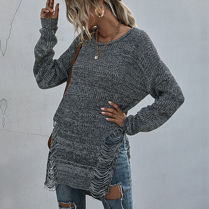 Damen Lässiger Strickpullover mit Fransen Echo Archiv