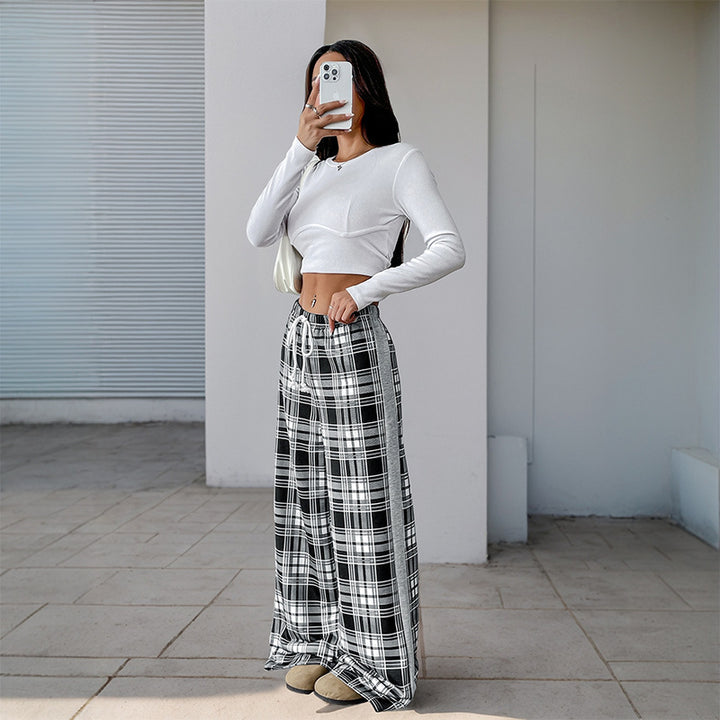 Damen Weite Lounge‑Hose im Karomuster mit elastischem Bund und Kontrast‑Seitpanel Echoarchiv