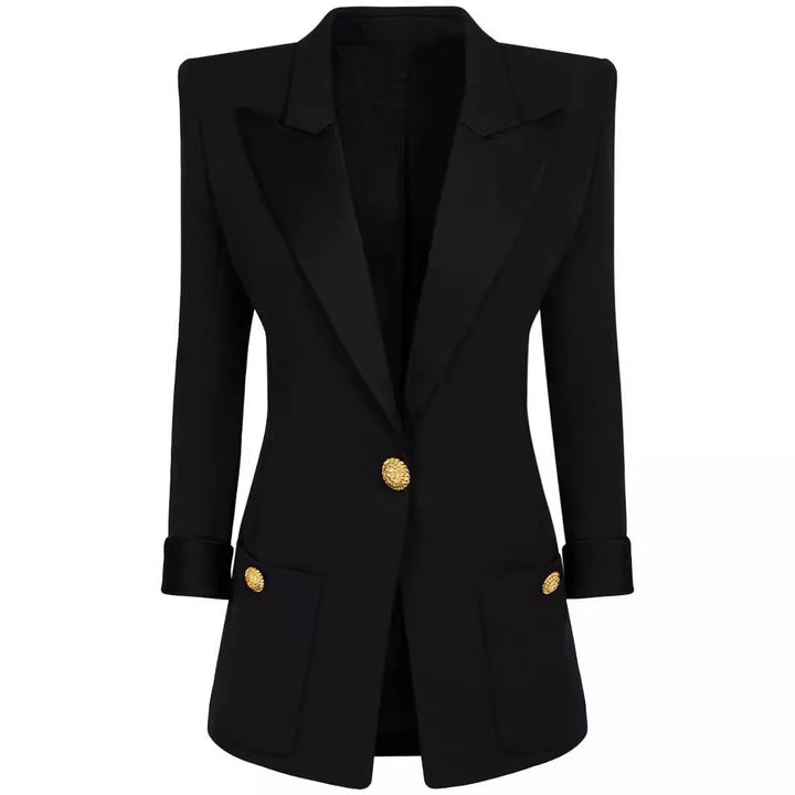 Damen Taillierter Smoking‑Blazer mit Satin‑Schalkragen und dekorativen Medaillonknöpfen Echoarchiv