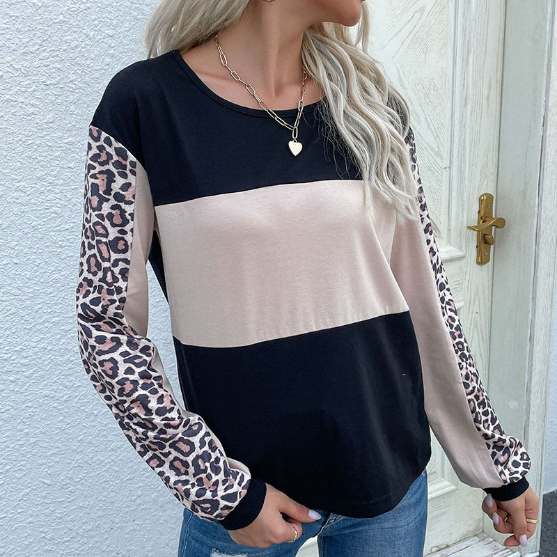 Damen Colorblock-Sweatshirt mit Leopardenärmeln und Rundhalsausschnitt – Mavelle