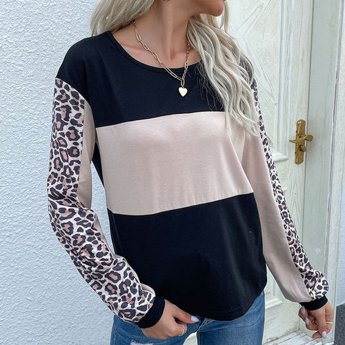 Damen Colorblock-Sweatshirt mit Leopardenärmeln und Rundhalsausschnitt – Mavelle