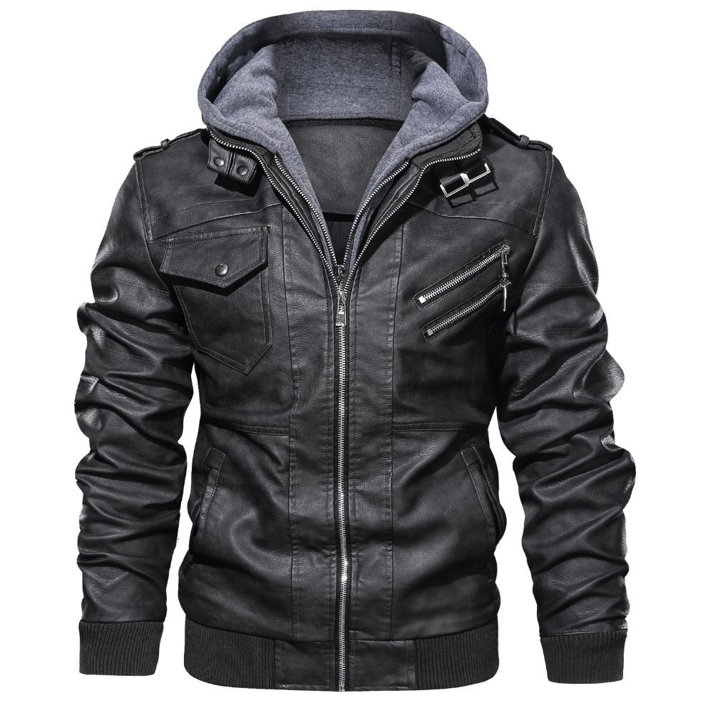 Herren Lederoptik-Utility-Jacke mit Kapuze, Reißverschlusstaschen und Rippbündchen – Taviero