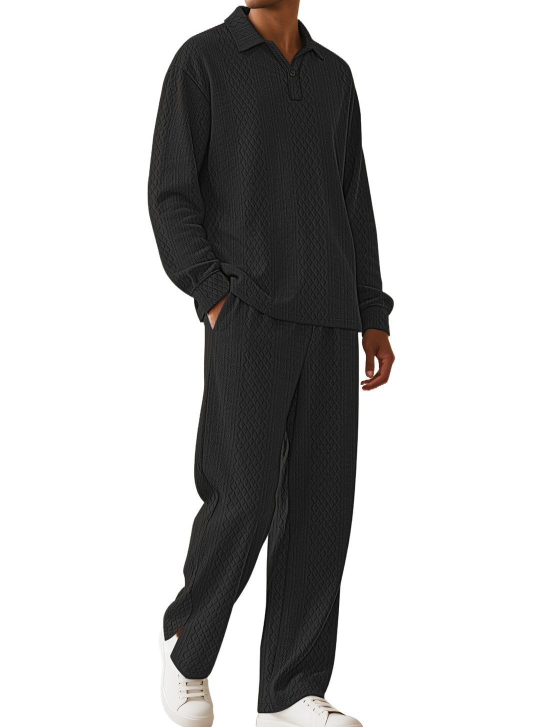 Herren lässiger Strickanzug mit strukturiertem Design und Knopfleiste Echoarchiv
