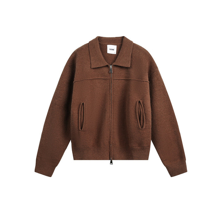 Herren Strick-Zipjacke mit Hemdkragen, Eingrifftaschen und geripptem Saum Echoarchiv