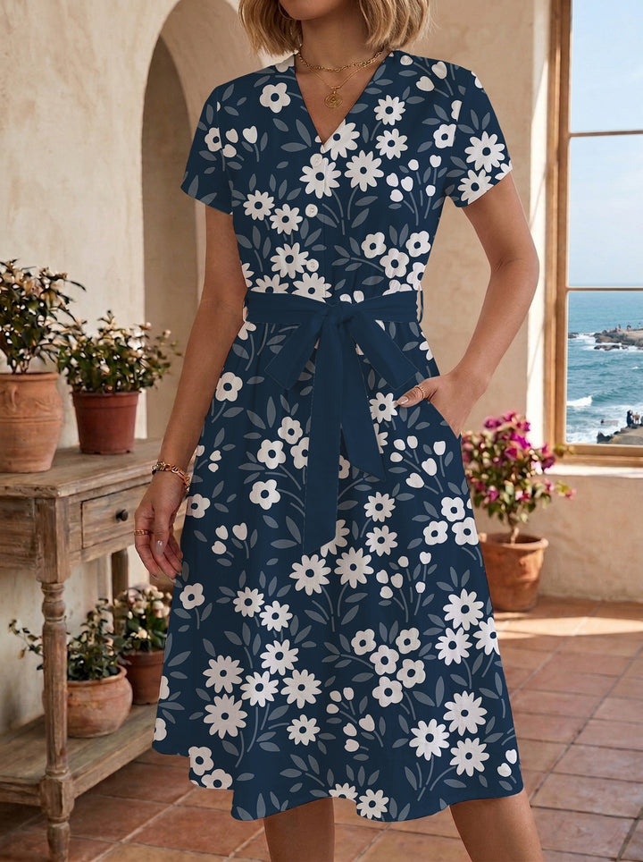 Damen Midikleid mit floralem Muster und Taillengürtel Echo Archiv