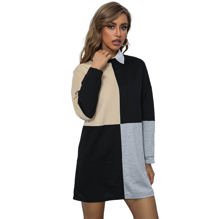 Damen Longline-Sweatkleid mit Hemdblusenkragen, Colorblock-Panels und lockerer Passform Echoarchiv