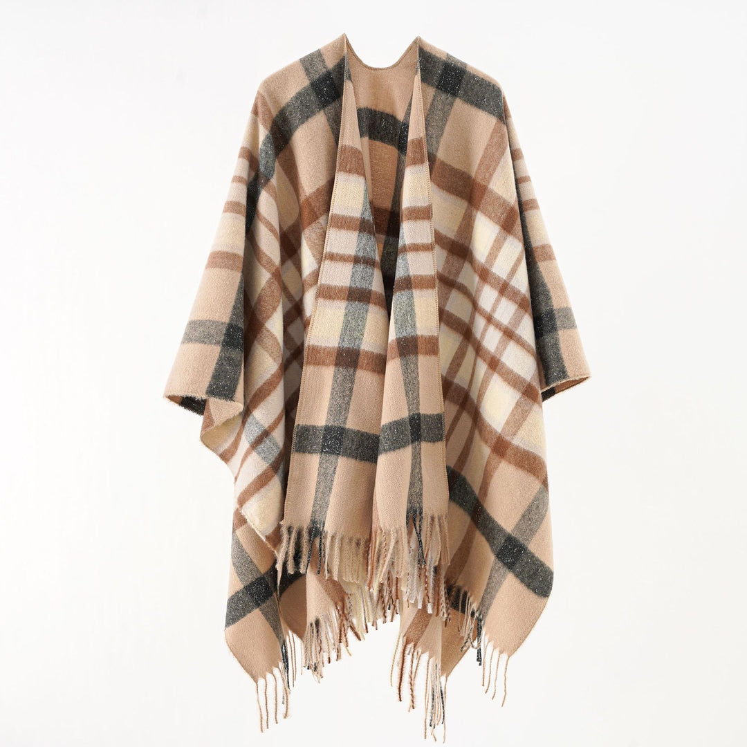 Damen Oversize karierter Wollponcho mit Fransen – Avérine