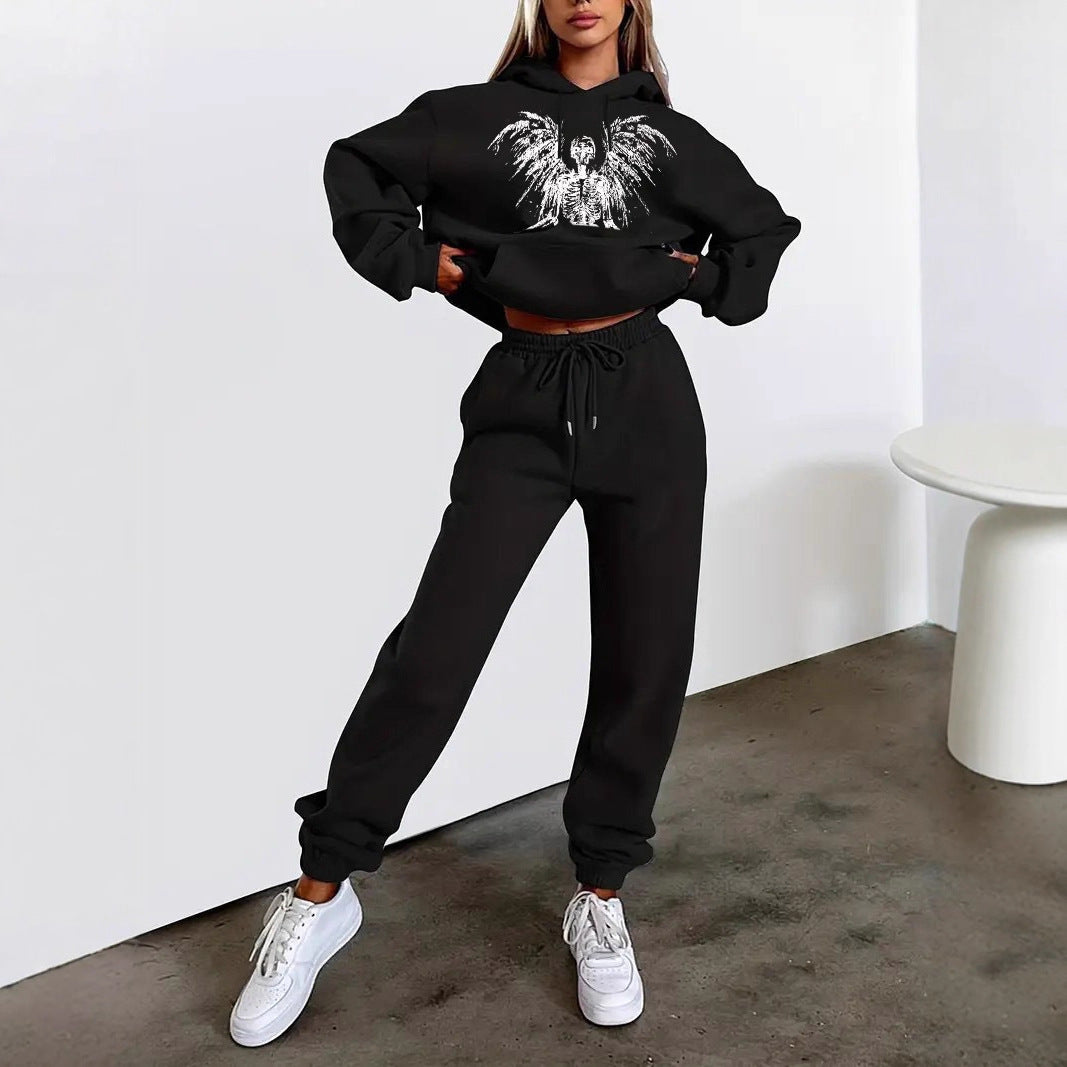 Damen zweiteiliges Lounge-Set Kapuzenpullover Cropped und High-Waist Jogginghose mit Engelsmotiv und elastischem Bund – Auréline