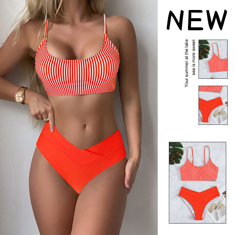 Damen Triangel-Bikini-Set mit modischem gestreiftem Oberteil und hochgeschnittenem Höschen Echo Archiv