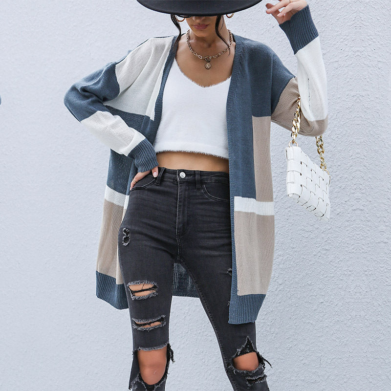 Damen Oversize-Longcardigan mit Colorblock-Design, offener Front und gerippten Bündchen Echoarchiv