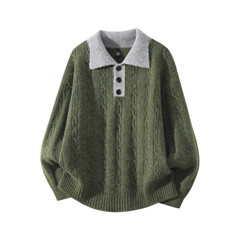 Herren Oversize Zopfmuster-Polo-Strickpullover mit Kontrastkragen und Dreiknopfleiste Echoarchiv