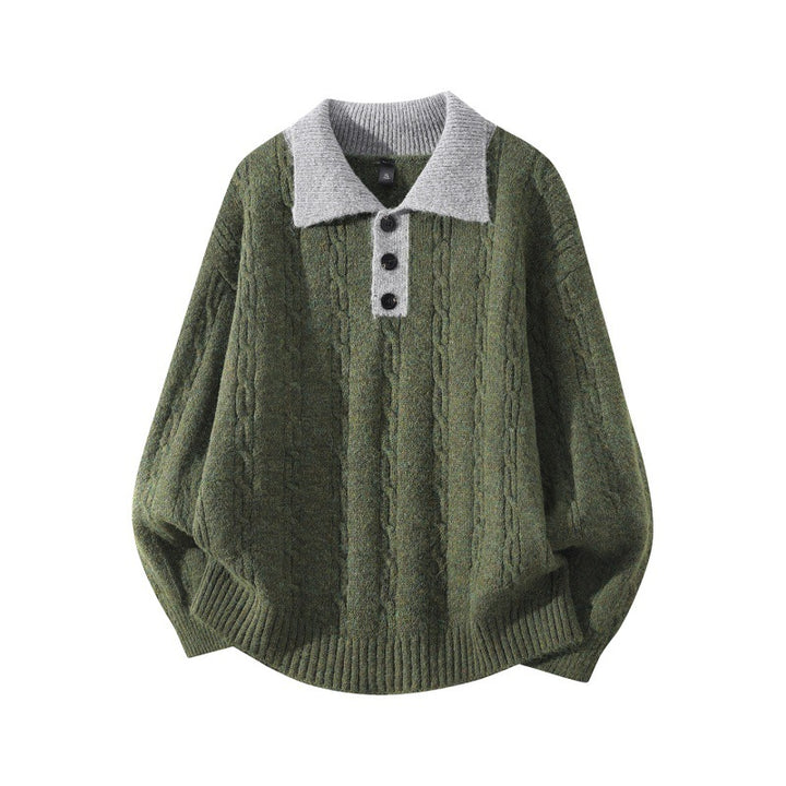 Herren Oversize Zopfmuster-Polo-Strickpullover mit Kontrastkragen und Dreiknopfleiste Echoarchiv