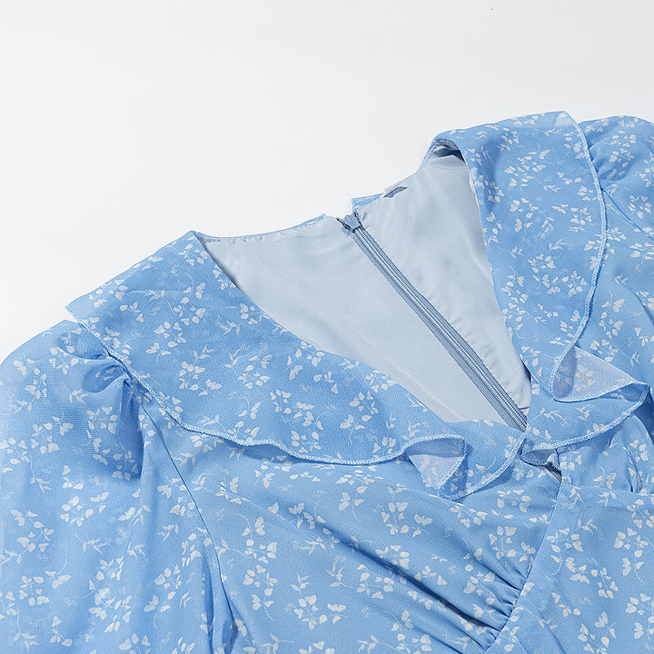 Damen Romantisches Stufen-Rüschen-Maxikleid mit V-Ausschnitt und Glockenärmeln Echo Archiv