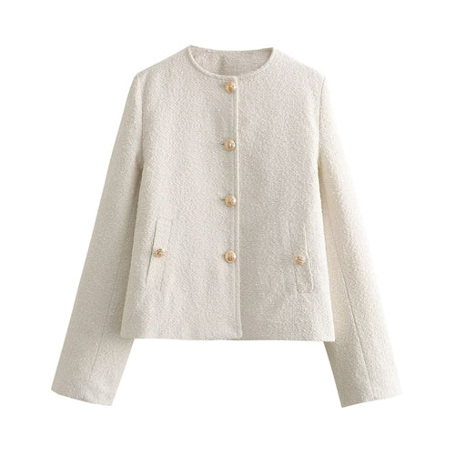 Damen Boxy-Boucléjacke mit Rundhalsausschnitt, Zierknopfleiste und Pattentaschen Echoarchiv