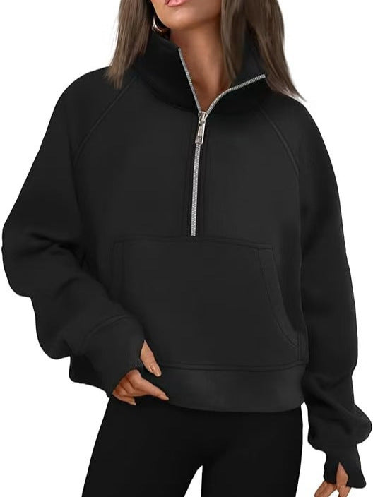 Damen nan kurzer Halfzip-Sweater mit hohem Stehkragen, Kängurutasche und verlängerten Daumenlöchern Echo Archiv