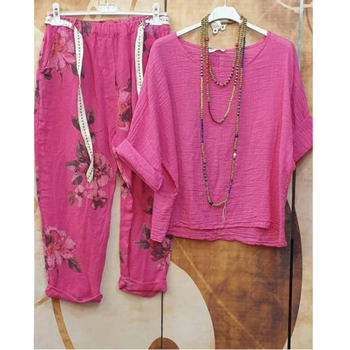 Damen nan leichtes Crinkle-Zweiteiler-Set mit lockerem U-Boot-Top und floral bedruckter Joggerhose Echo Archiv