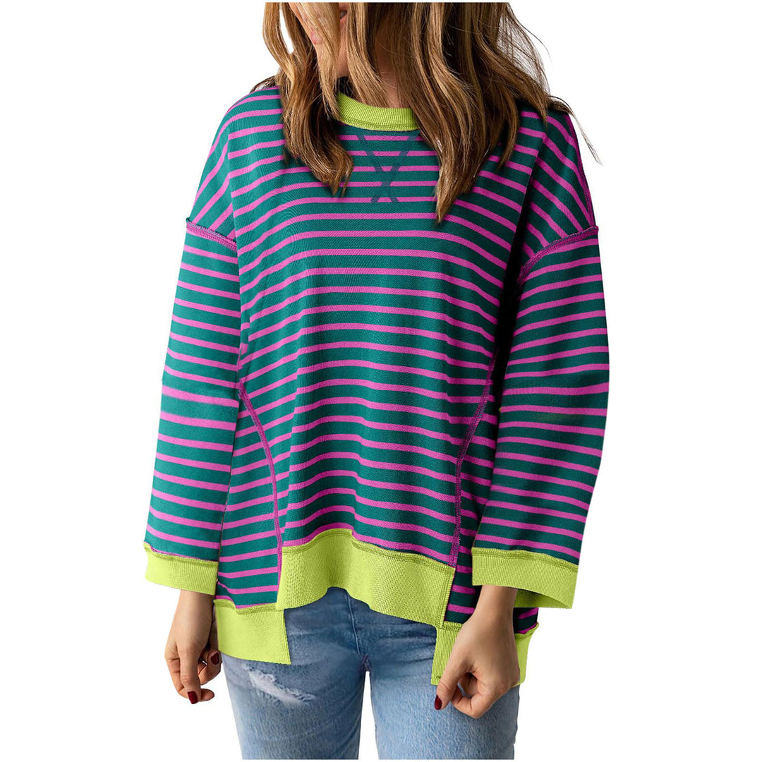 Damen nan oversized gestreifter Sweatshirtpullover mit kontrastsaum, überschnittener Schulter und seitlichen Schlitzen Echo Archiv