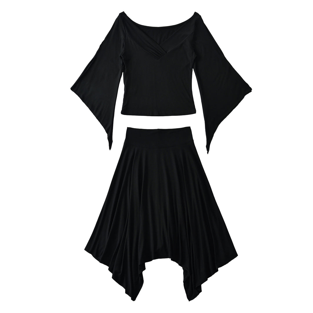 Damen Zweiteiliges Set aus drapiertem Top mit Fledermausärmeln und asymmetrischem Tellerrock Echoarchiv