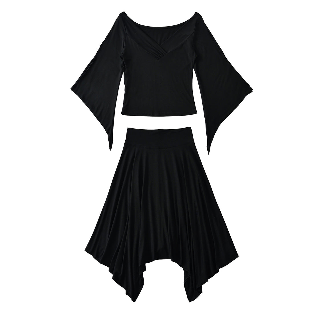 Damen Zweiteiliges Set aus drapiertem Top mit Fledermausärmeln und asymmetrischem Tellerrock Echoarchiv