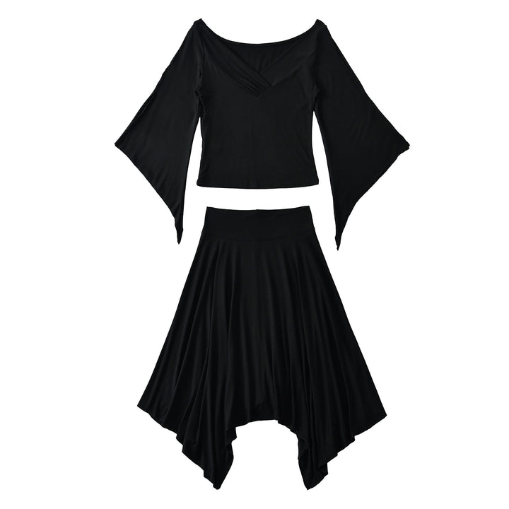 Damen Zweiteiliges Set aus drapiertem Top mit Fledermausärmeln und asymmetrischem Tellerrock Echoarchiv