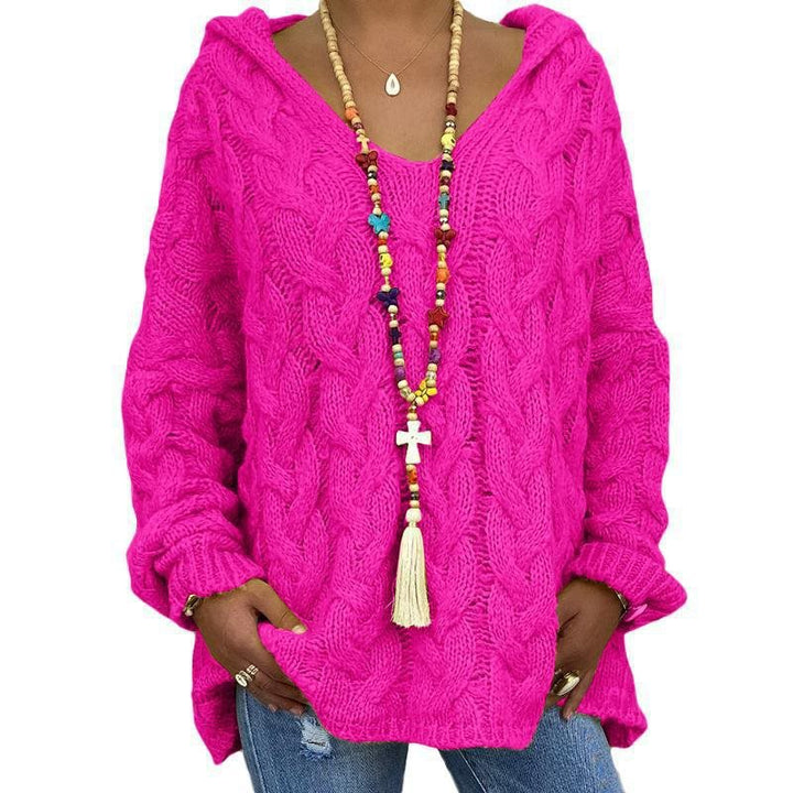 Damen Oversized Zopfmuster-Strickpullover mit Kapuze und lässigem V‑Ausschnitt Echo Archiv
