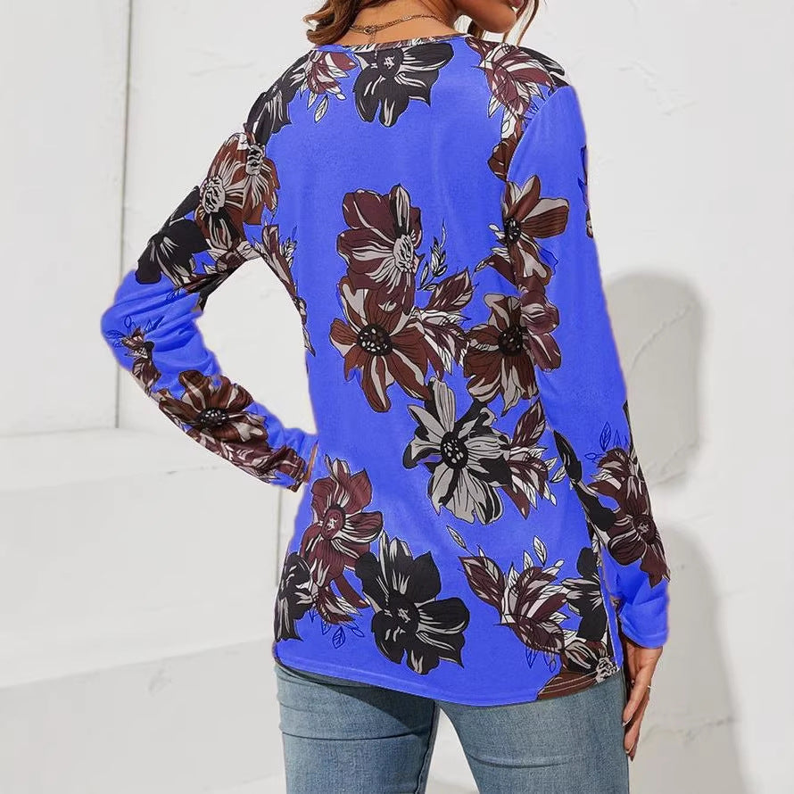 Damen Langarmshirt mit Reißverschluss V-Ausschnitt und großem Blumenmuster – Avérine