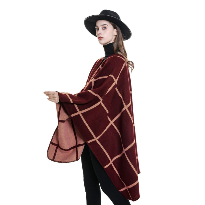 Damen Offener Wollmix-Poncho im Cape‑Stil mit dezentem Karomuster – Avérine