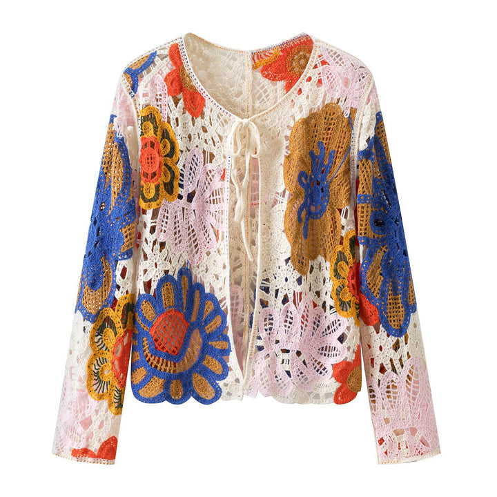 Damen Häkel-Cardigan mit floralen Applikationen und Bindeband Echo Archiv