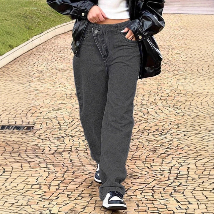 Damen hochgeschnittene locker sitzende Jeans mit weitem Bein und asymmetrischer Knopfleiste Echo Archiv