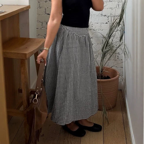 Damen Vichykaro-Midirock mit hoher Taillenpasse und schmeichelnder A-Linien-Silhouette – Avérine