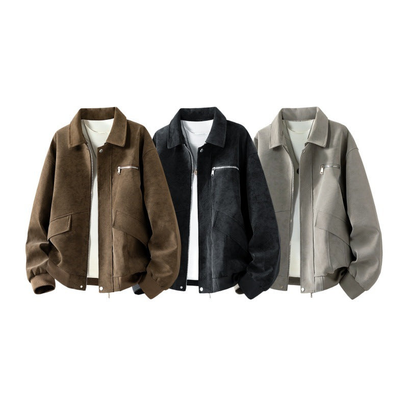 Herren Boxy-Blousonjacke im Veloursleder‑Look mit Brustreißverschluss, Pattentaschen & geripptem Saum Echoarchiv