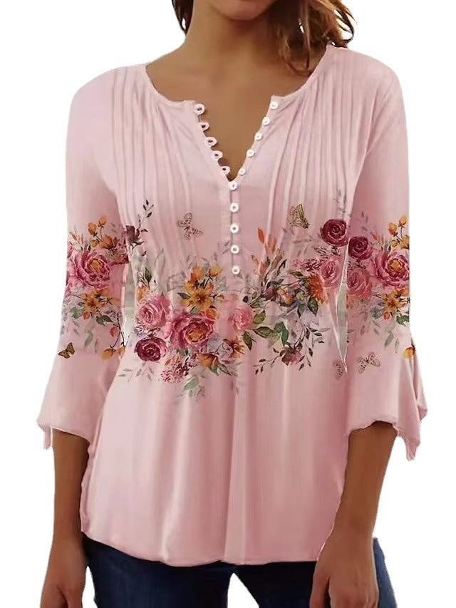 Damen nan luftige Tunika-Bluse mit Aquarell-Blumenbordüre, Kellerfalten und Dreiviertelärmeln Echo Archiv