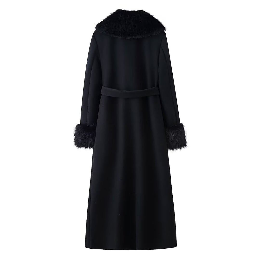 Damen Eleganter Wollmantel mit großem Kunstfellkragen und Bindegürtel Echo Archiv