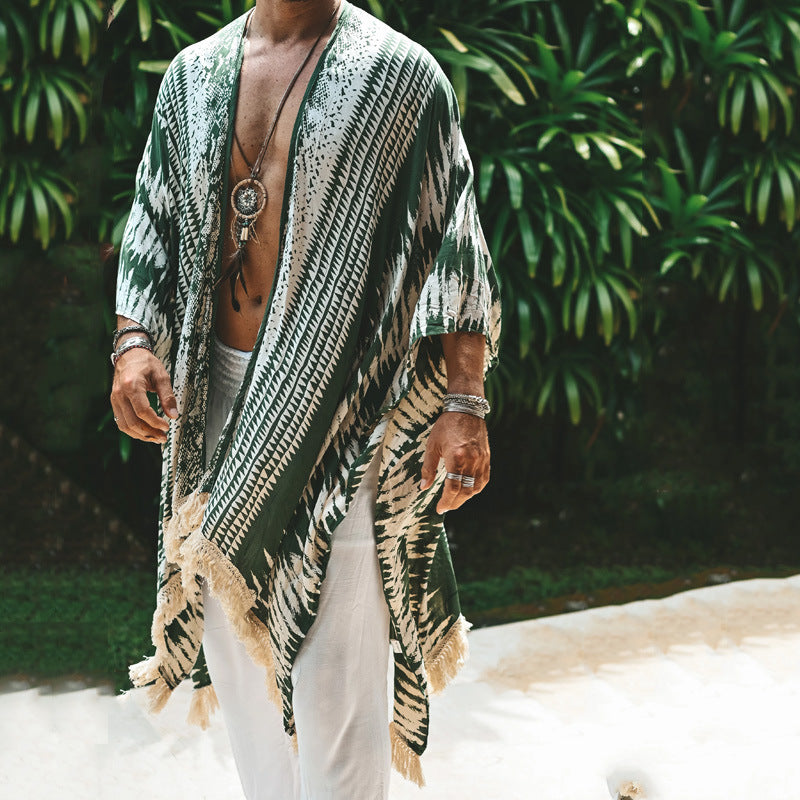 Herren nan leichter Strandponcho im Kimono-Stil mit Fransen Echo Archiv