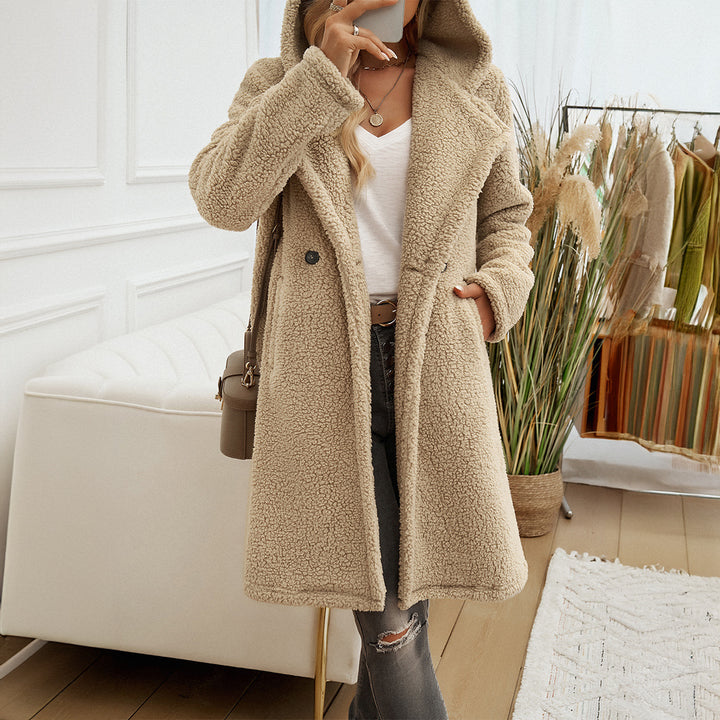 Damen kuscheliger Teddy‑Mantel mit Kapuze, doppelreihiger Knopfleiste und Eingrifftaschen – Montévia