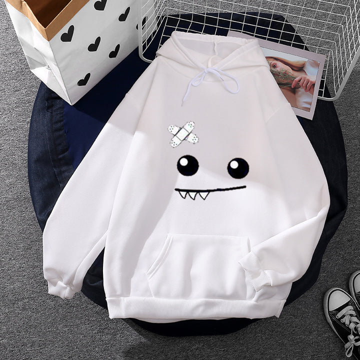 Damen Kapuzenpullover mit verspieltem Monstergesicht, Bandagen-Applikation und Kängurutasche – Auréline