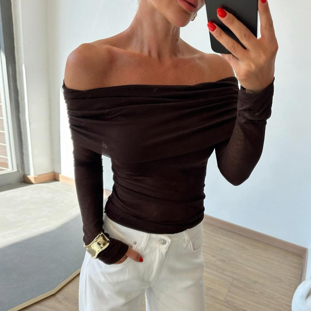 Damen nan schulterfreies Feinstrick-Longsleeve mit gerafftem Umschlagkragen und taillierter Passform Echo Archiv